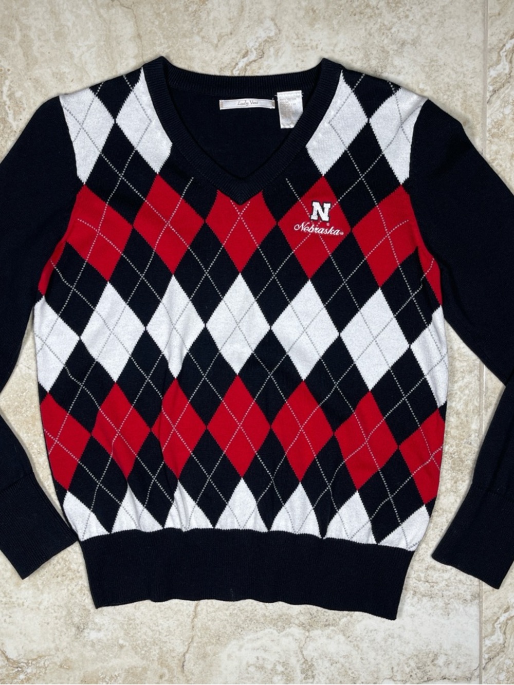 Lady Vesi Nebraska Huskers Argyle V-Neck Sweater Small